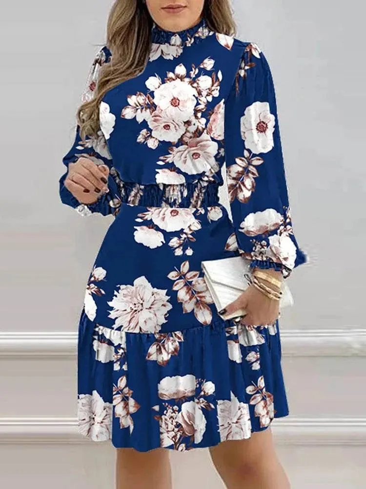 Linen Soft Light Flow Women's Floral Print Lantern Sleeve Shirred Ruffles Dress