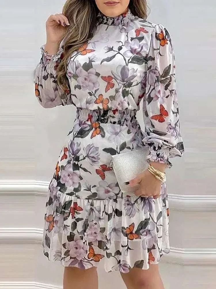 Fashion Daily Airy Feel Women's Floral Print Lantern Sleeve Shirred Ruffles Dress