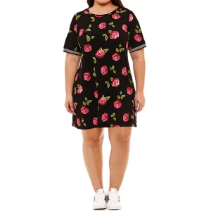 Women's Elbow Sleeve Floral Shift Dress,Black ruffle trim