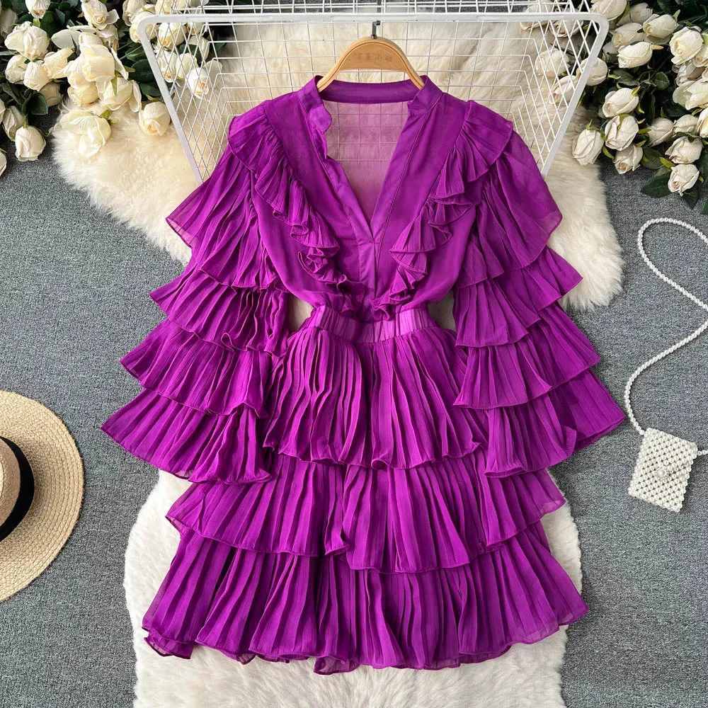 New Style Summer Casual Flutter Sleeve Deep V Neck Tiered Ruffles Belt Femininity Party Mini Dress Elegant Layer Lightweight Fit
