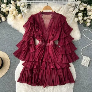 Delicate Lines Evening Chic New Style Summer Casual Flutter Sleeve Deep V Neck Tiered Ruffles Belt Femininity Party Mini Dress