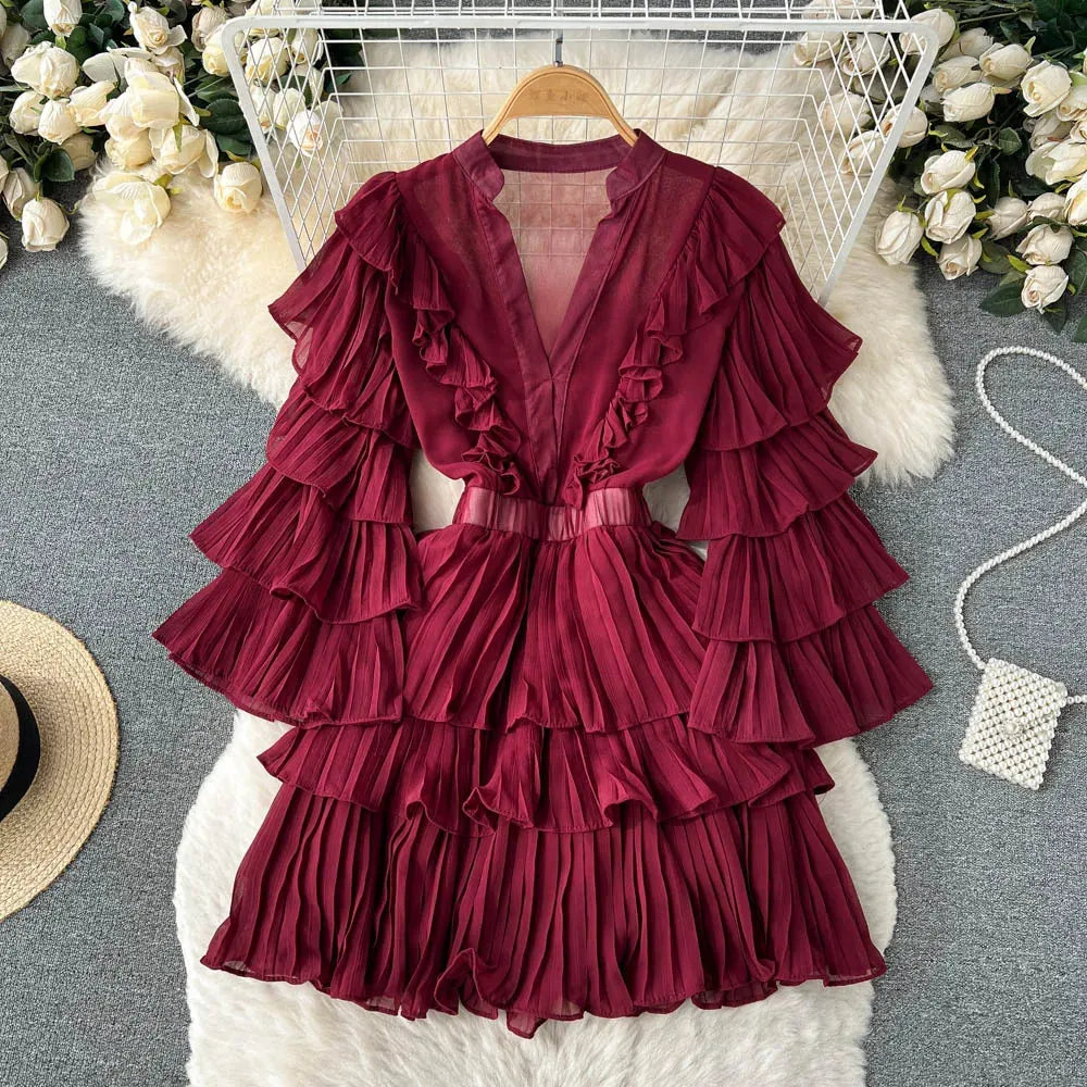 Delicate Lines Evening Chic New Style Summer Casual Flutter Sleeve Deep V Neck Tiered Ruffles Belt Femininity Party Mini Dress
