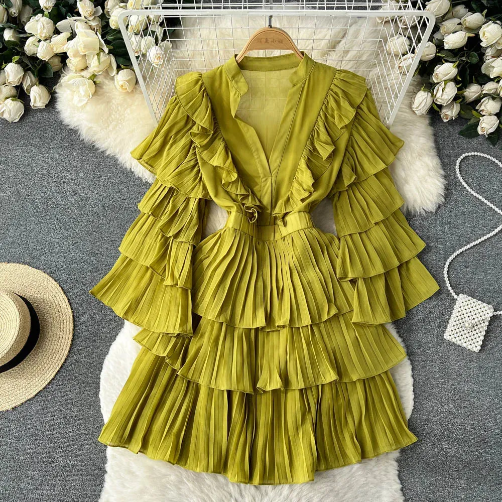 Geometric-pattern New Style Summer Casual Flutter Sleeve Deep V Neck Tiered Ruffles Belt Femininity Party Mini Dress