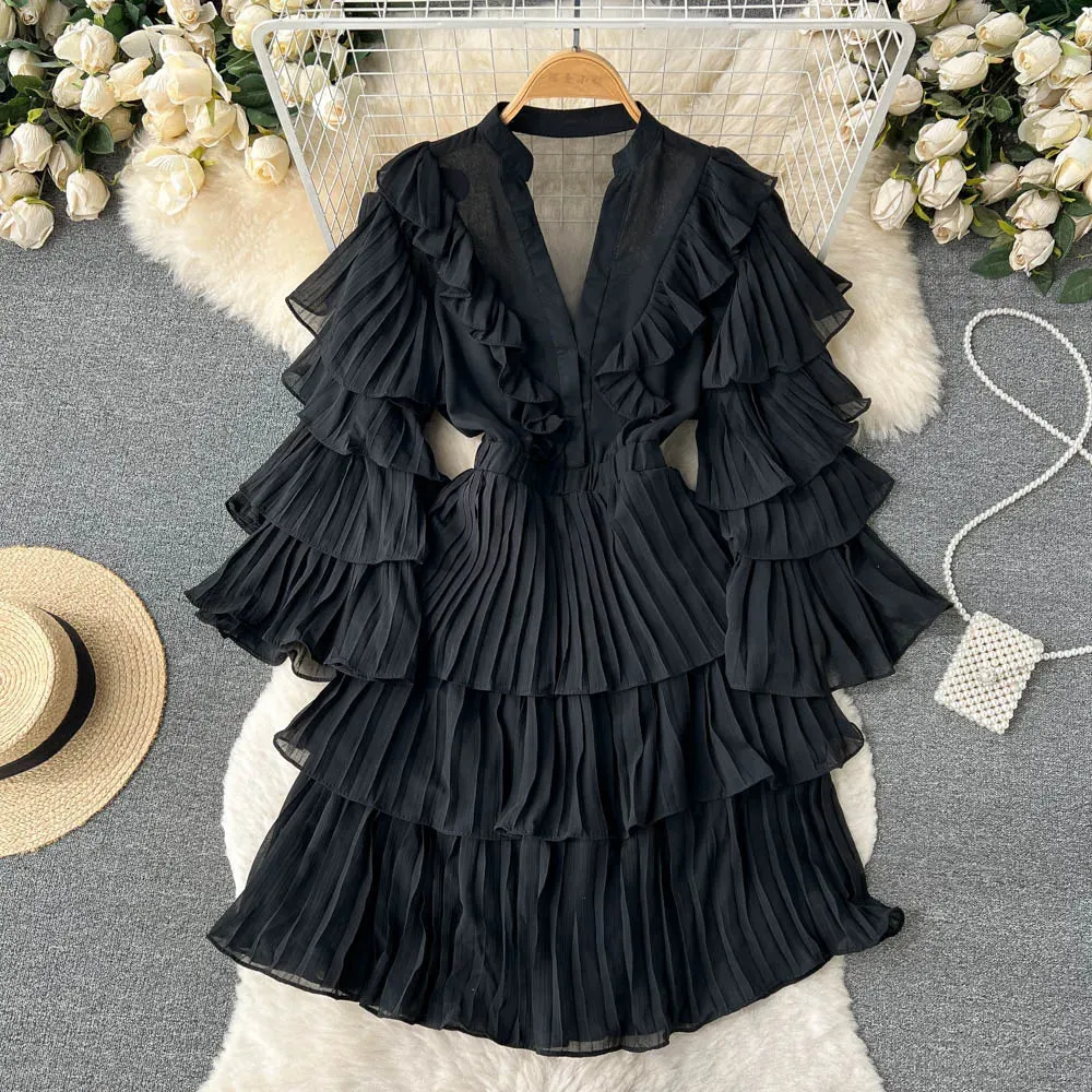 Sharp Profile Semi Casual New Style Summer Casual Flutter Sleeve Deep V Neck Tiered Ruffles Belt Femininity Party Mini Dress
