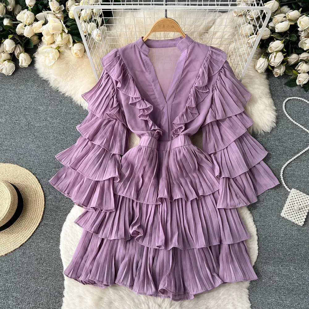 Contemporary Layer New Style Summer Casual Flutter Sleeve Deep V Neck Tiered Ruffles Belt Femininity Party Mini Dress
