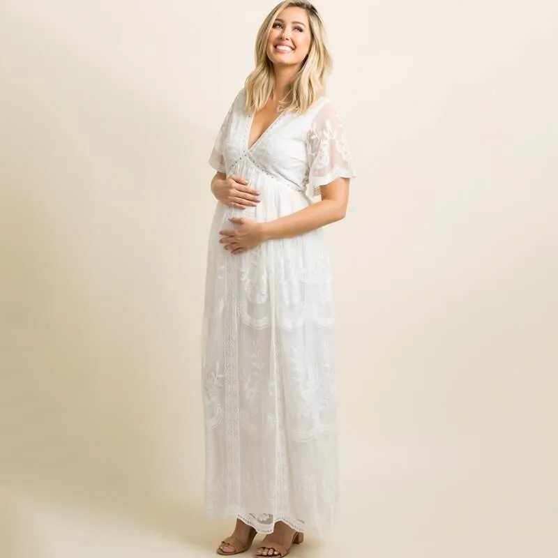 Mix-And-Match Maternity Dresses for Photo Shoot Summer V Neck White Lace Short Sleeve Pregnancy Dress Pregnant Women Photography Maxi Dress