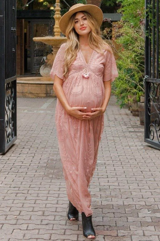Maternity Dresses for Photo Shoot Summer V Neck White Lace Short Sleeve Pregnancy Dress Pregnant Women Photography Maxi Dress Color Pop