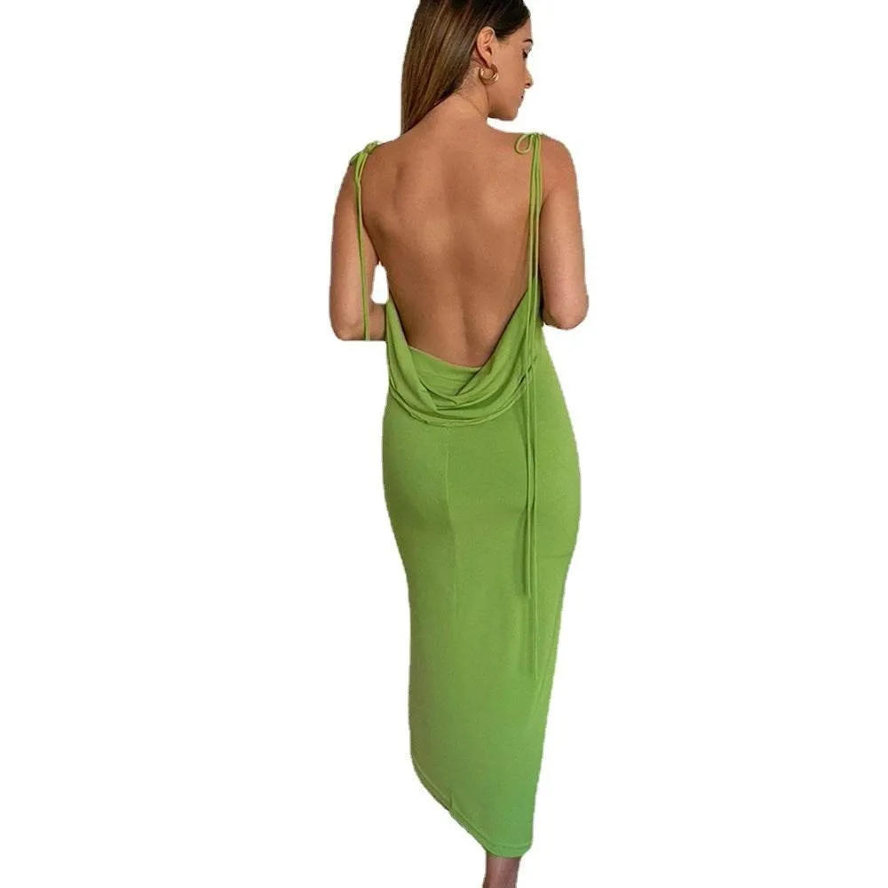 Cryptographic Elegant Spaghetti Strap Sexy Backless Draped Maxi Dress for Women Sleeveless Night Club Party Long Dresses Summer Inner Glow
