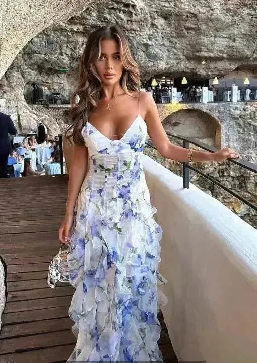 New Women's Spring And Summer Dew Fairy Sleeveless Backless Floral Long Dress Jewel Tones