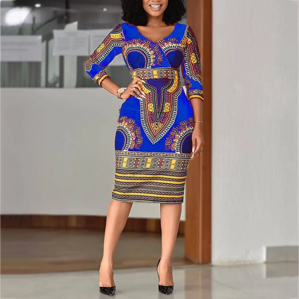 African Ladies Dresses Elegant Wrist High Waist V Neck Vintage Working Dress Timeless Appeal