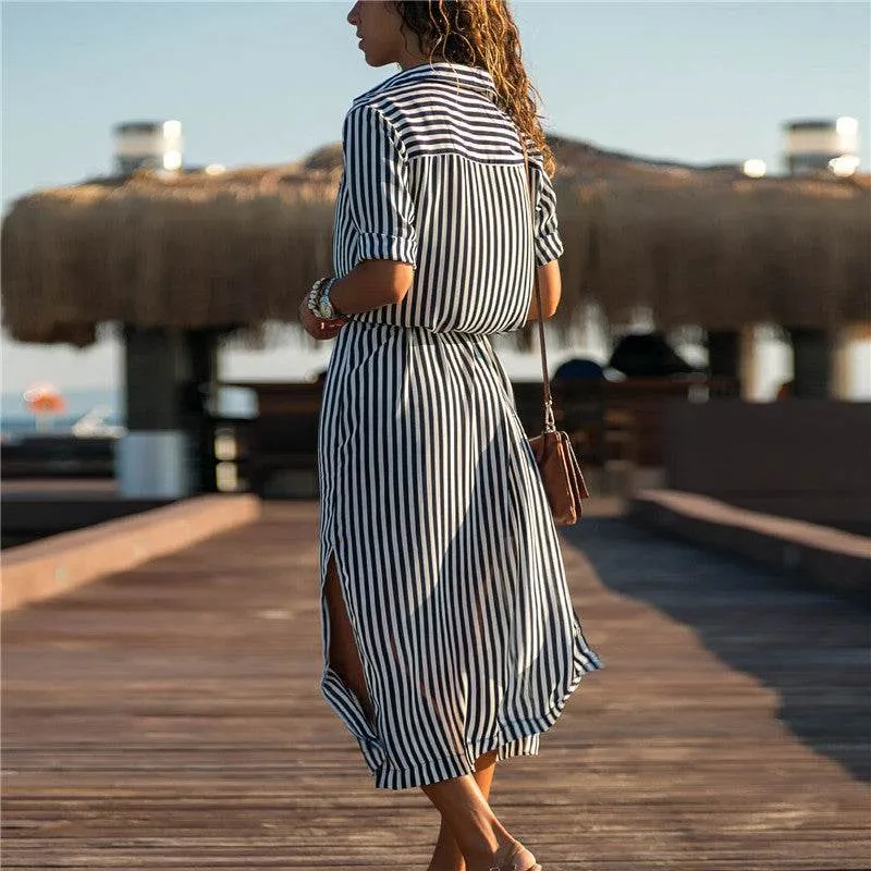 Stripe Shirt Women's Dress Spring Summer Chiffon V-neck Sexy Maxi Dresses Sexy Elegant Casual Girl Lace Women Long Sleeve Full Coverage