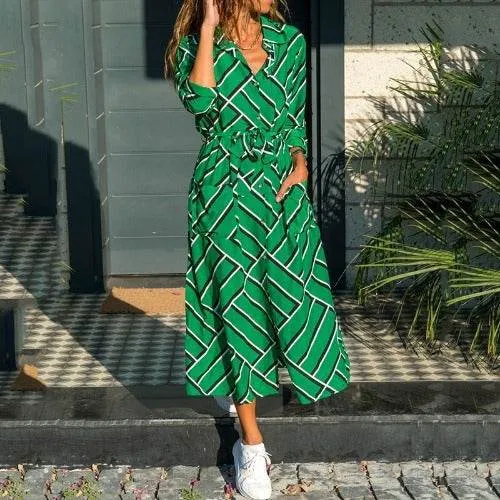 Chilly Weather Layer Stripe Shirt Women's Dress Spring Summer Chiffon V-neck Sexy Maxi Dresses Sexy Elegant Casual Girl Lace Women Long Sleeve