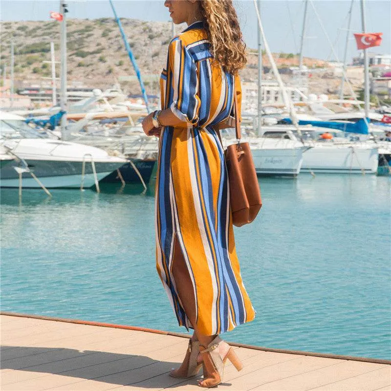 Perfect for Layering Stripe Shirt Women's Dress Spring Summer Chiffon V-neck Sexy Maxi Dresses Sexy Elegant Casual Girl Lace Women Long Sleeve