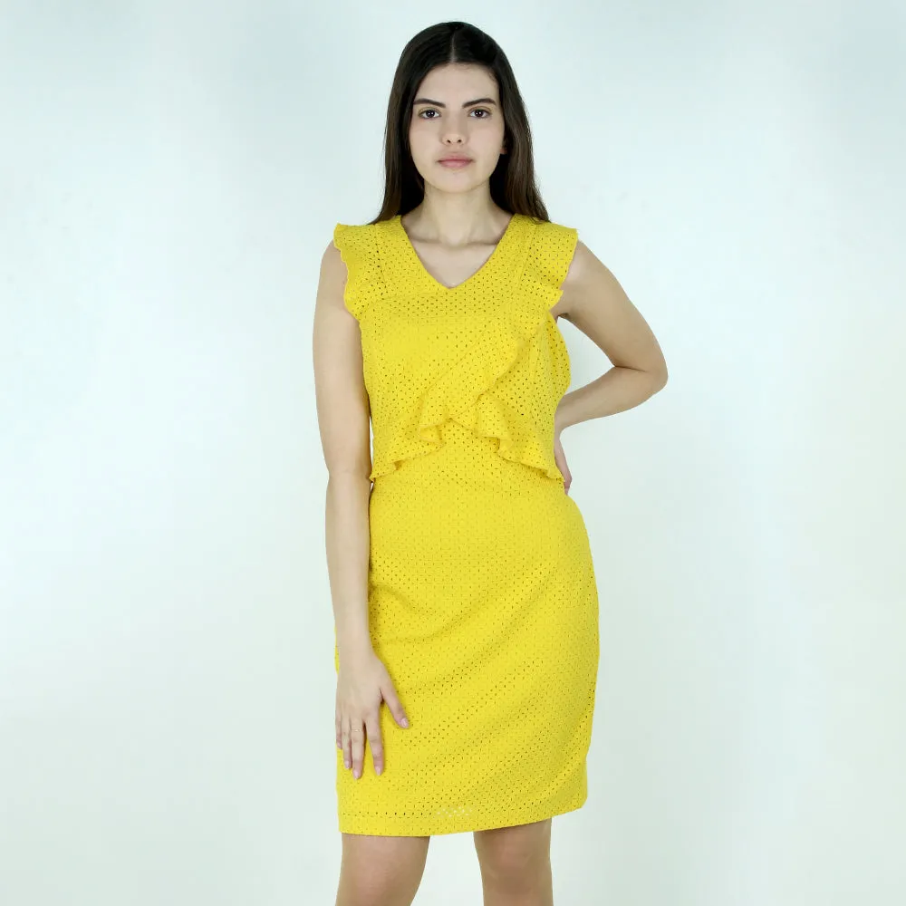 Chic Fit Wear Travel Option Women's Perforated Ruffle Dress,Yellow