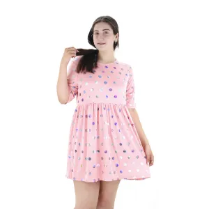 Flattering Style Fit Slit Detail Women's Smocked Dress With Metallic Polka Dots,Pink