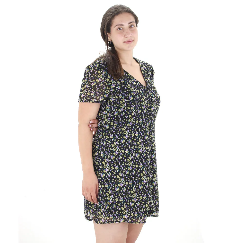 Open-back Women's Floral Shirt Short Dress,Black
