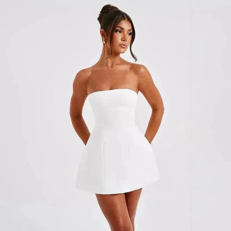 MultiPurposePockets LowProfileZipper Women Fashion Tube Dress Summer Solid Color Backless Slim Short Party Dress