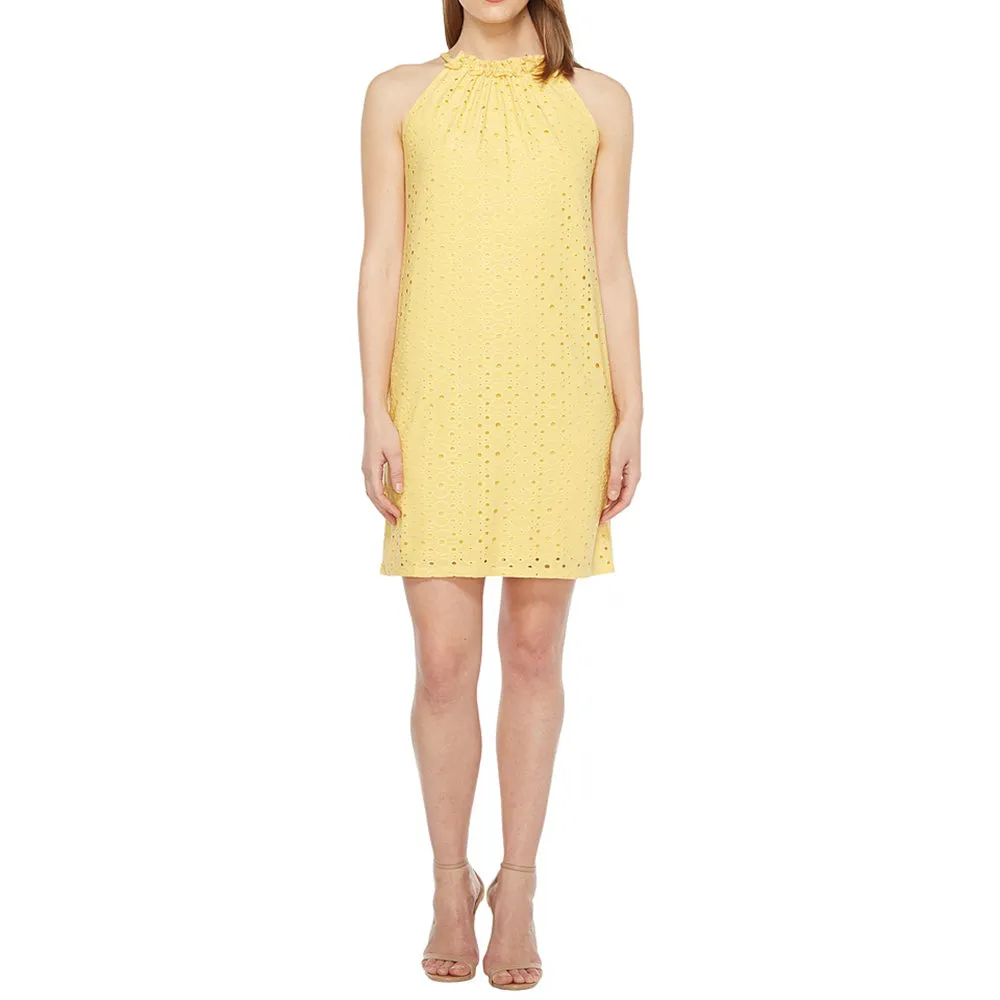 Women's Embroidered Jersey Ruffle Halter Dress,Yellow Lined interior Low-Waist