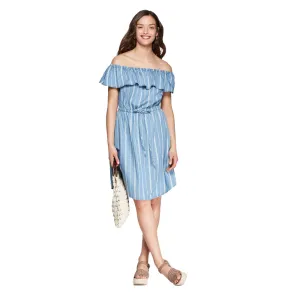 Women's Striped Ruffle Off Shoulder Neck Dress,Light Blue Fresh Palette Night Out