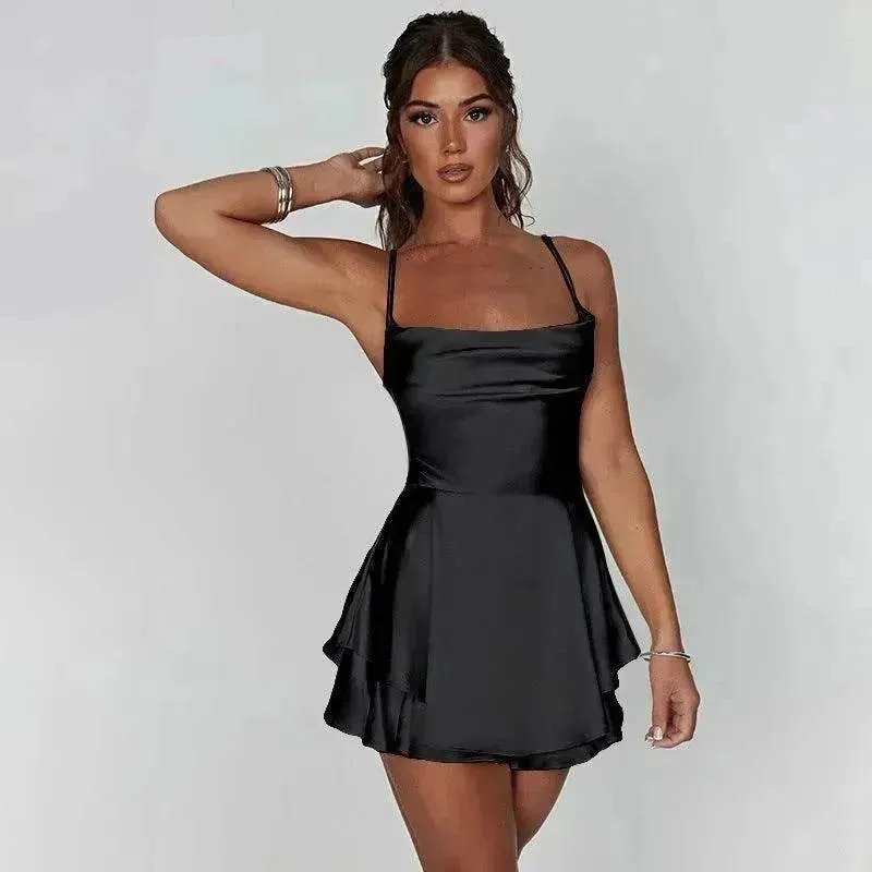 Halter Satin Summer Charming Backless Straps Temperament Elegant Celebrity Style Short Dress Lazy Pick
