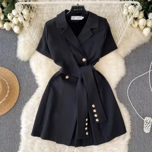 Neutral Mood Retro Suit Lapel Short-Sleeved Dress Women's Summer Tie Waist Slimming Temperament Casual Dress