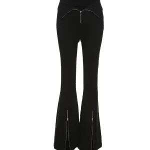 China Cool Ice Fit Niche Designer Black V-shaped Flanging Zipper Bootcut Trousers Slimming High Waist Slit Casual Trousers