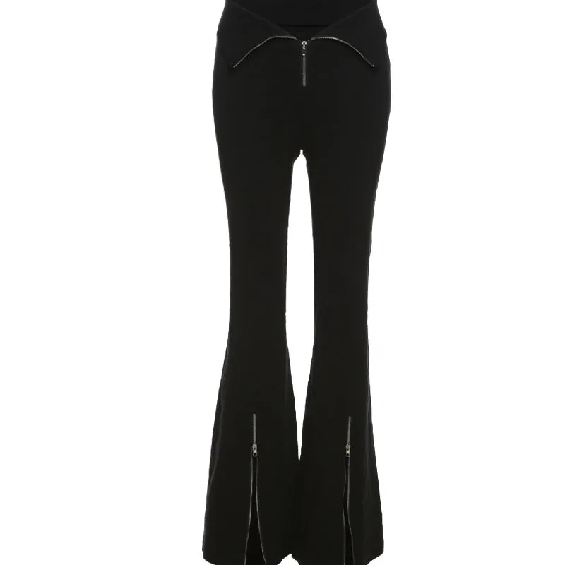China Cool Ice Fit Niche Designer Black V-shaped Flanging Zipper Bootcut Trousers Slimming High Waist Slit Casual Trousers