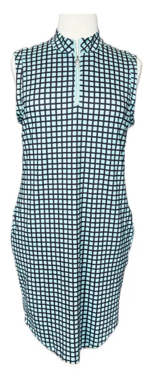 Lillie James Aqua & Gray Grid Print Sleeveless Golf Dress Size XL Beach Moment