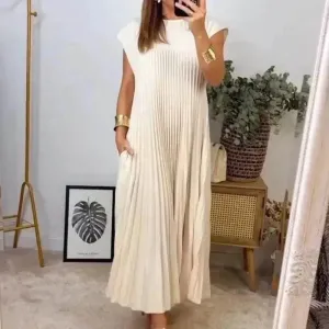 Women Summer Pleated Maxi Dress Casual Short Sleeve Crewneck Flowy Swing Long Dress with Pockets Farm Air Deep Hue