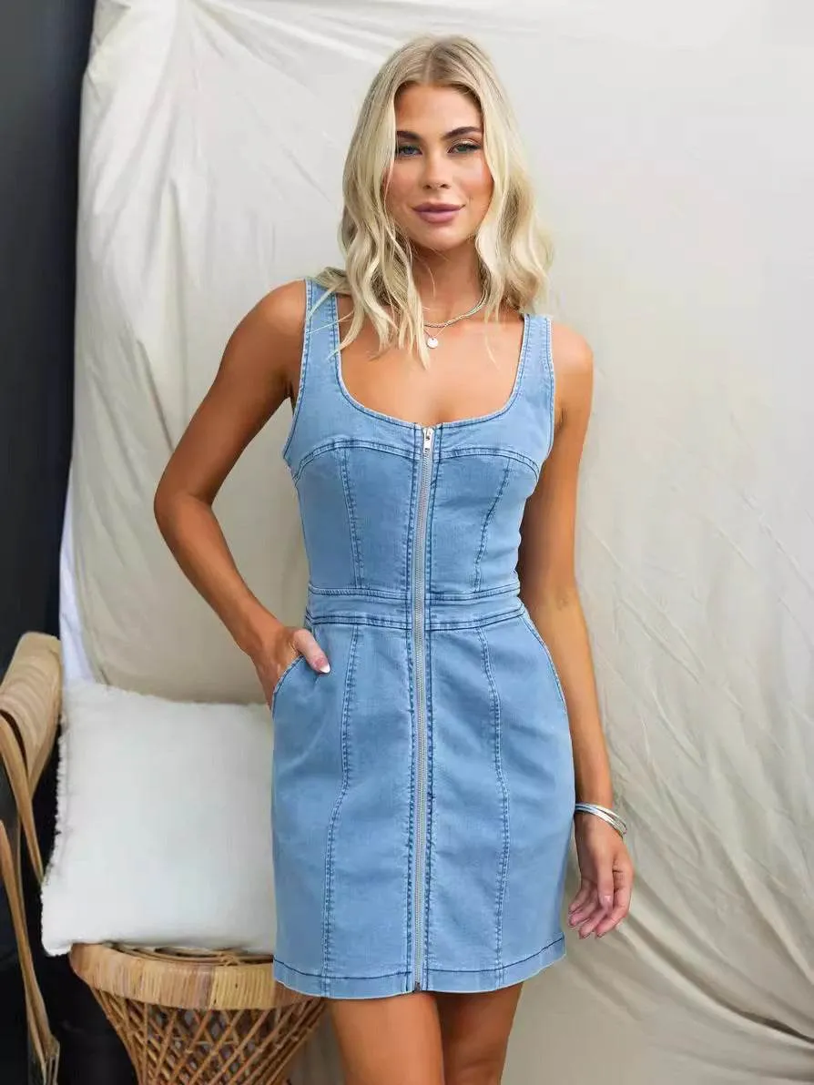 Subtle Finish Spring And Summer Casual Slim Fit Denim Sleeveless Dress