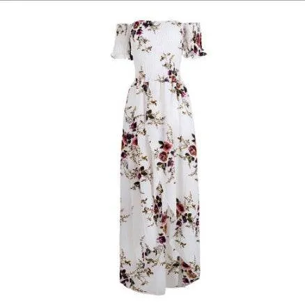Light and breezy summer dress Calm Flow Elegant Ladies Summer Boho Vacation Resort Slit Maxi dress off shoulder Long floral Beach summer slit dress