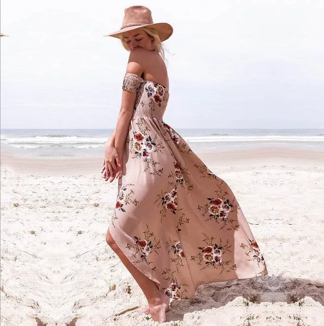 Cool Palette Elegant Ladies Summer Boho Vacation Resort Slit Maxi dress off shoulder Long floral Beach summer slit dress