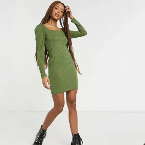 New York Women's Ribbed Square Neck Dress,Green