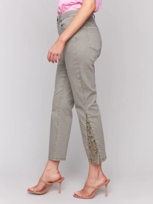 *SALE* CHARLIE B LACE CUTS SIDE BOOTCUT PANT - OLIVE GREEN Creative Flow