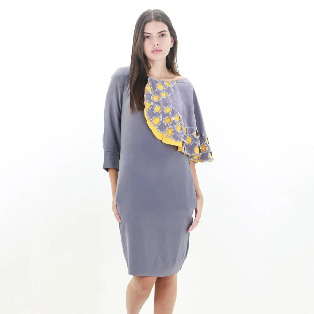 Women's Ruffled Perforated Dress,Grey Collared