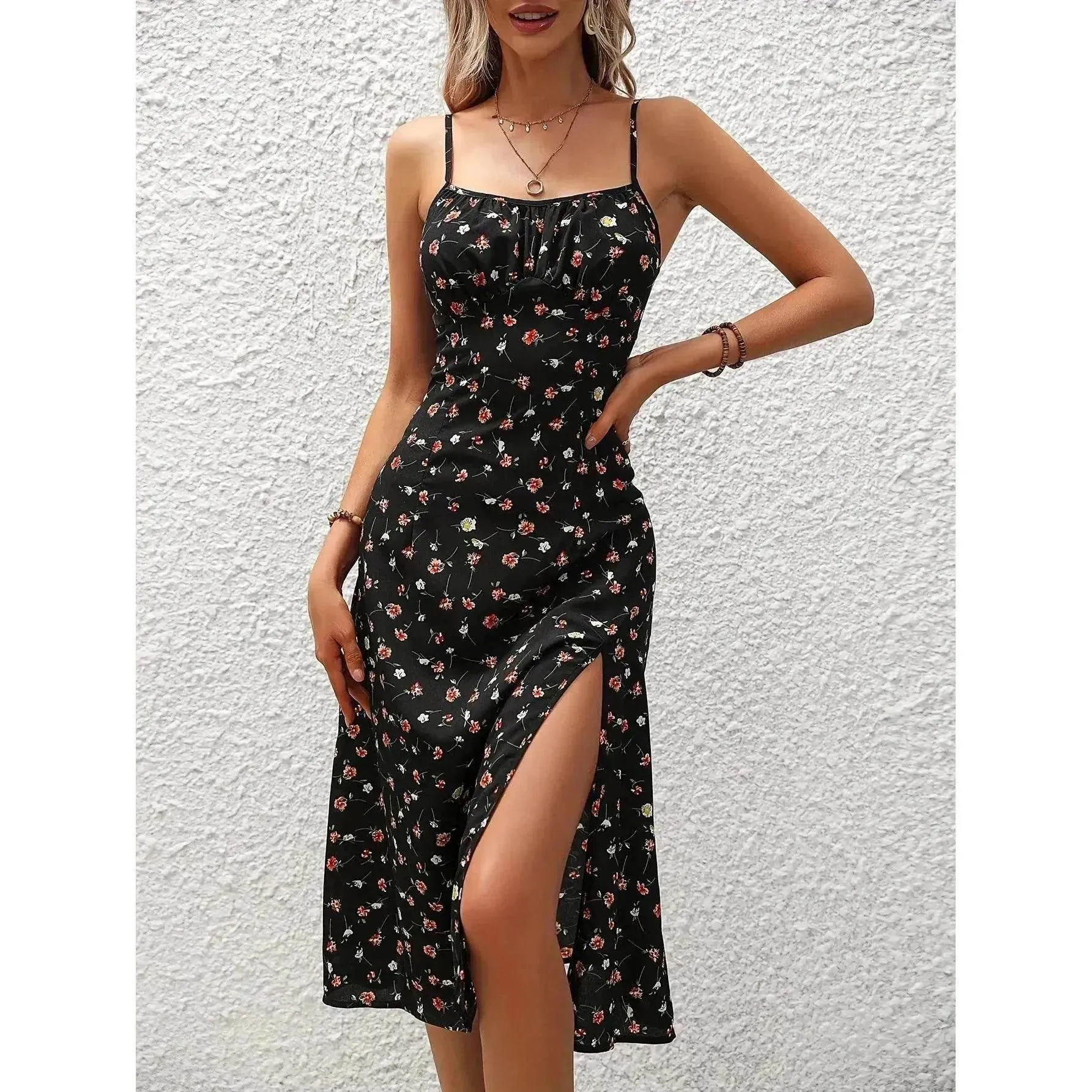 New Polka Dot Print Suspender Dress Summer Charming Slit Long Dresses For Womens Clothing Timeless Design Eye Catching