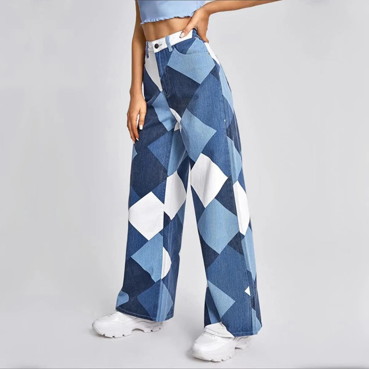RecycledBlend Printed Denim Trousers With High Waist And Large Cylinder