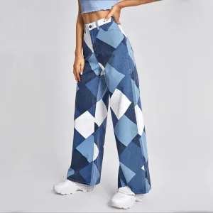RecycledBlend Printed Denim Trousers With High Waist And Large Cylinder