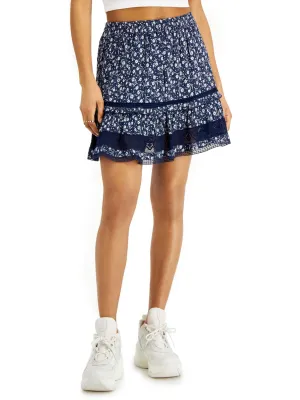 Women's Lace-Trim Floral-Print Skirt,Navy/White Classic Touch