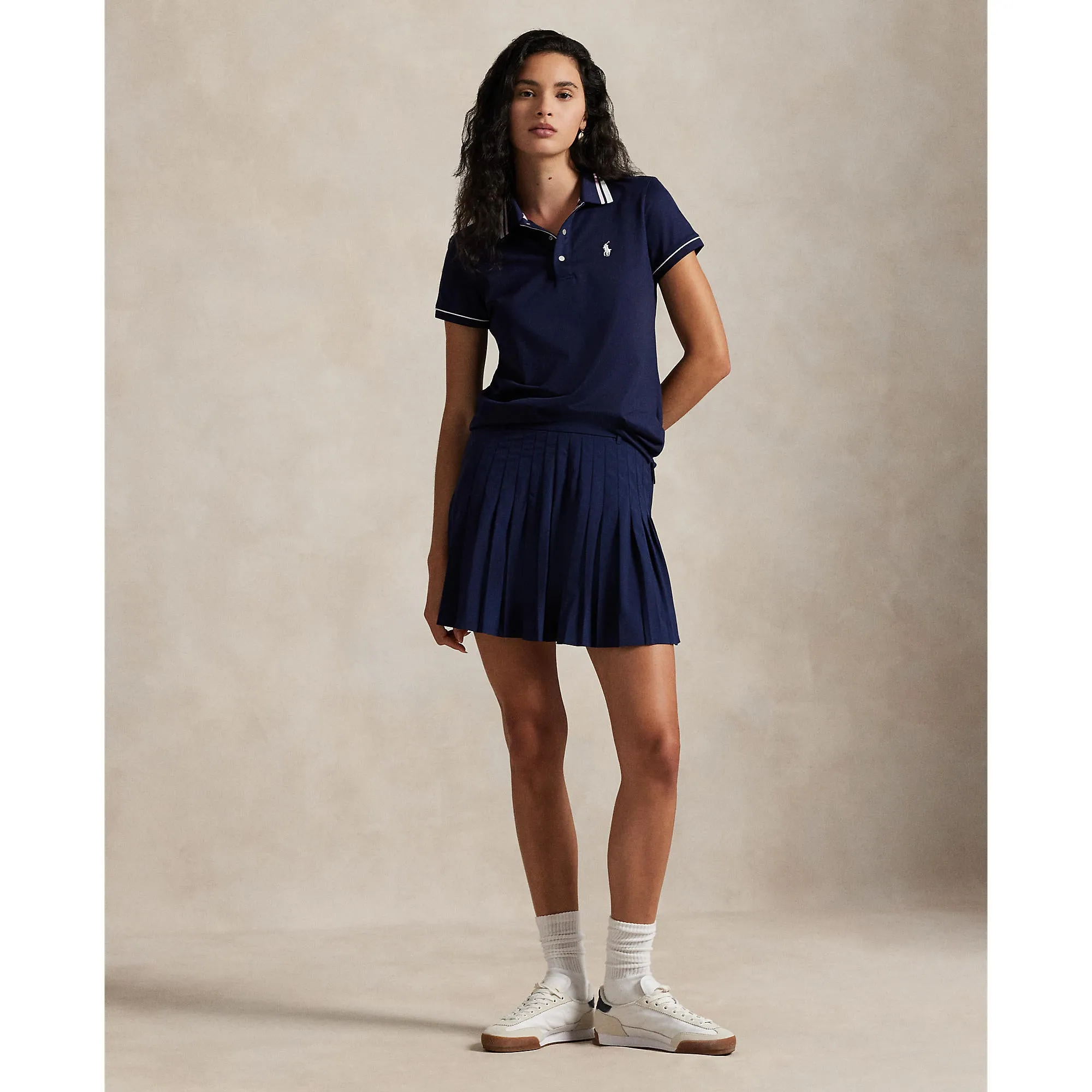 Stretchable Material Calm Tone RLX Ralph Lauren Women's Tour Pique Polo Shirt - Navy/White/Garden Pink