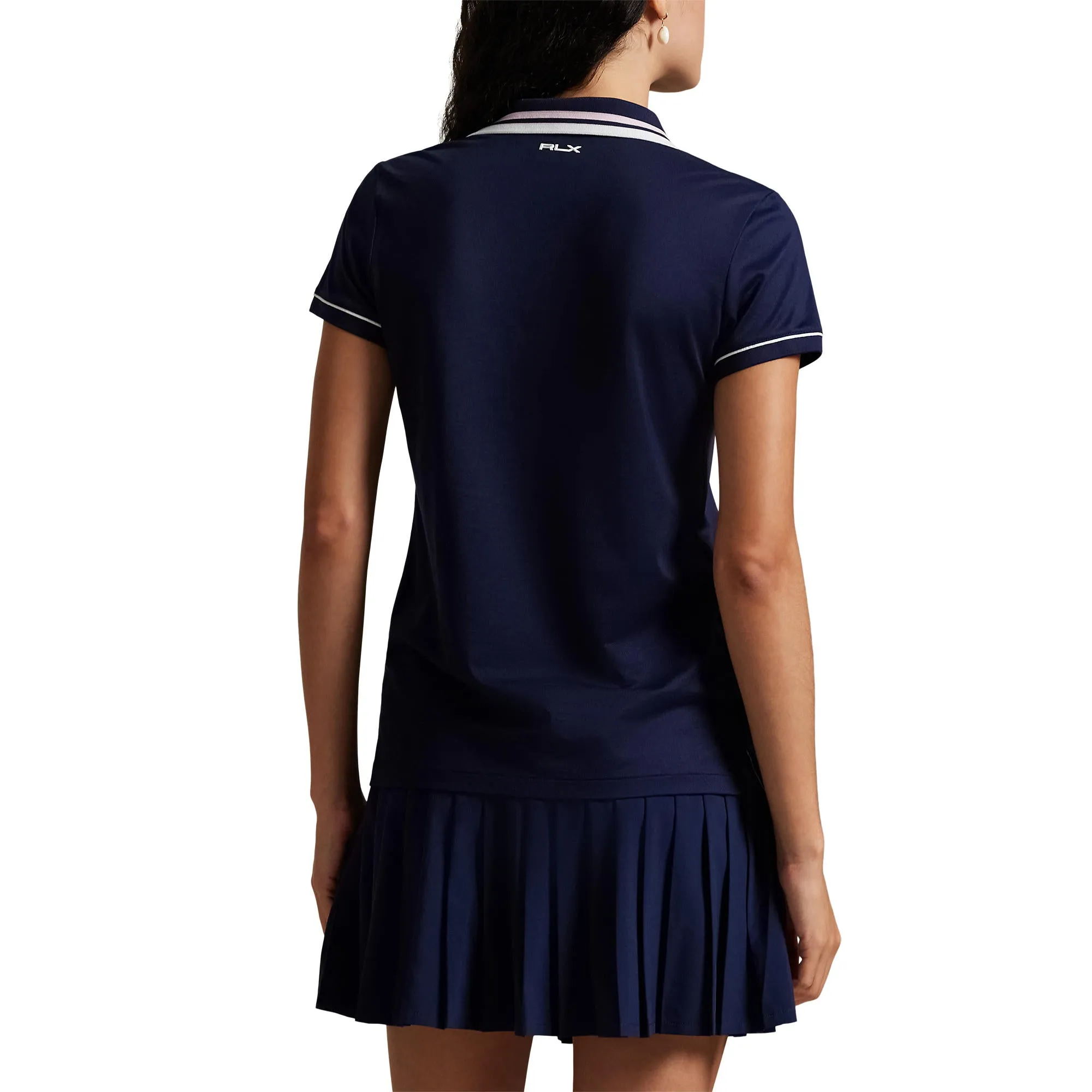 RLX Ralph Lauren Women's Tour Pique Polo Shirt - Navy/White/Garden Pink Recycled Polyester Blend