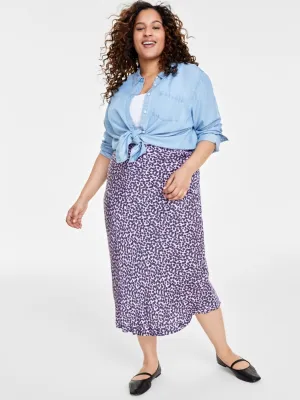 Cozy Edge Easy Vibe Women's Floral Printed Plus Size Floral MIDI Slip Skirt,Purple/Navy