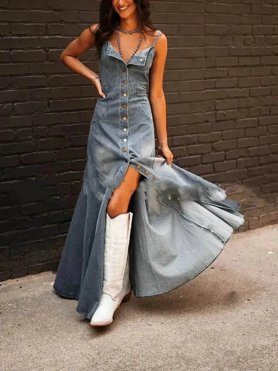 Ins Women's Summer Vintage Denim Large Swing Dress Denim Dress outfit Nordic Plain High-Neck