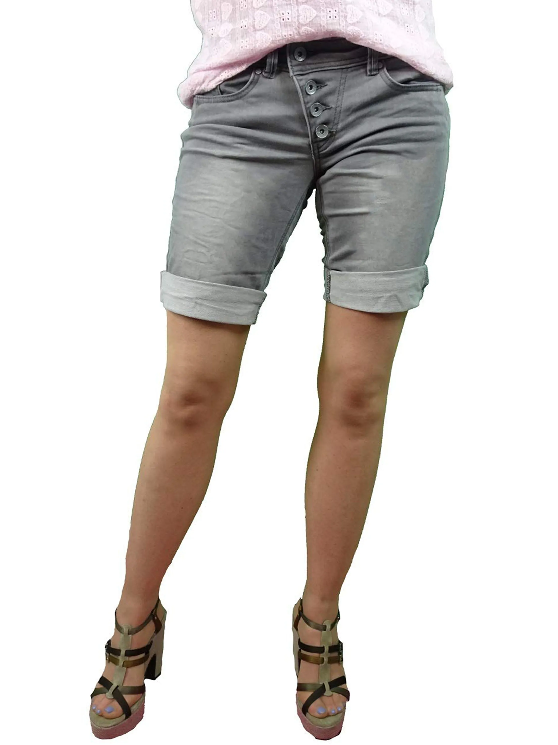 Women's Washed Denim Short,Grey Fit Tech