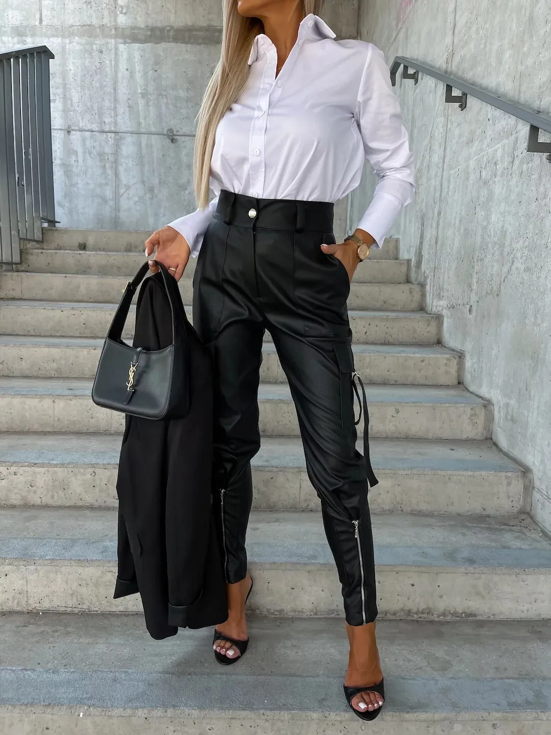 Conscious Fashion Fashion Slim-fitting Leather Trousers Women Waist-cinching Zipper Design Pants With Pockets