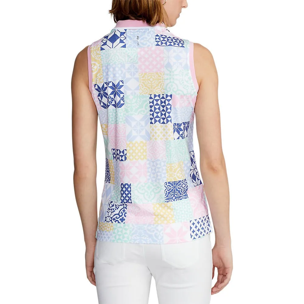 RLX Ralph Lauren Women's Printed Airflow Performance Sleeveless Golf Polo Shirt - Stamped Geo Patchwork Light Core Pearl Tone