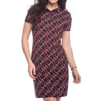 New IBKUL Short Sleeve Promenade Polo Dress Black & Red Print L  MSP$126 Everyday Movement
