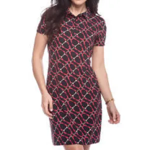New IBKUL Short Sleeve Promenade Polo Dress Black & Red Print L  MSP$126 Everyday Movement