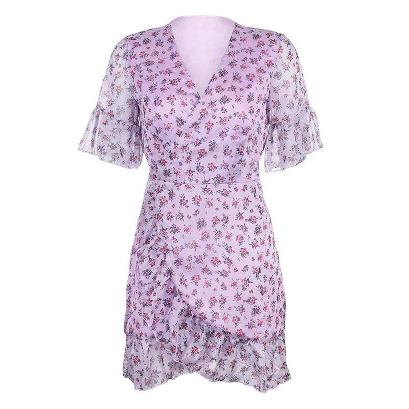 Casual Women Summer Boho Dress V-neck Mini Wrap dress chiffon Layered Volume