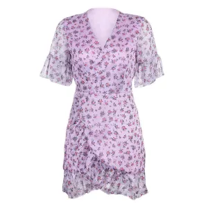 Casual Women Summer Boho Dress V-neck Mini Wrap dress chiffon warm tones